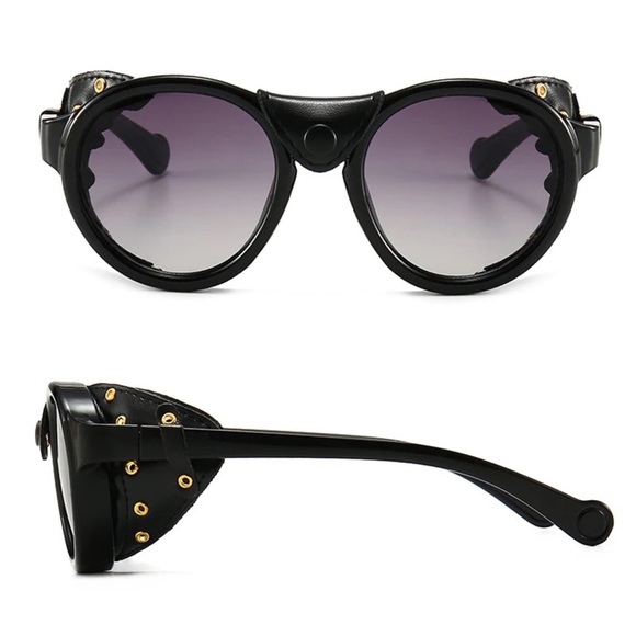 Steampunk Round Gray Gradient Black Leather Shield Polarized Sunglasses - Picture 2 of 16